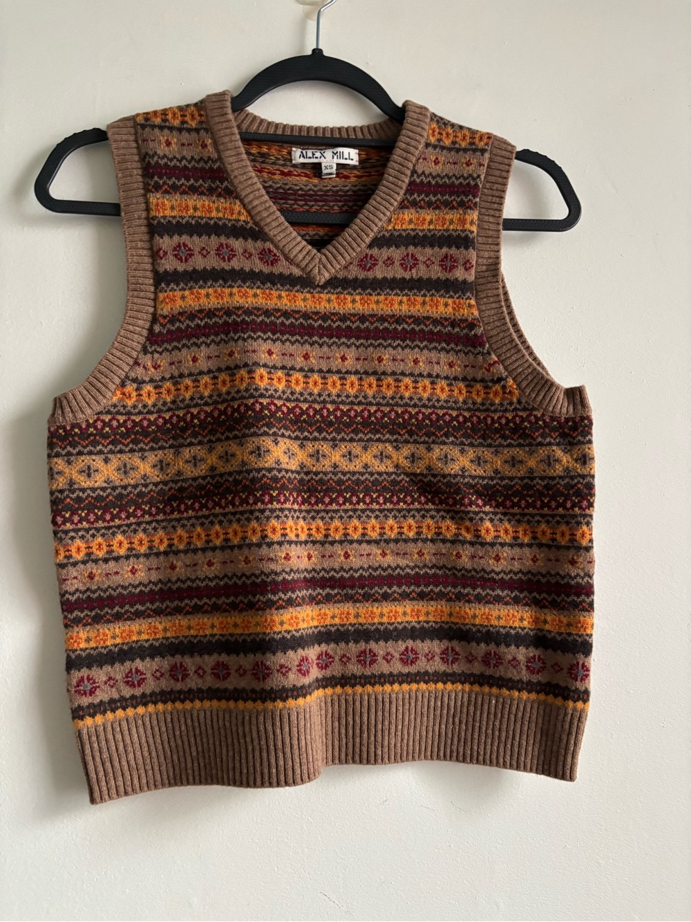Alex Mill Brown Fair Isle Wool-Blend Vest with Mustard & Burgundy Accents